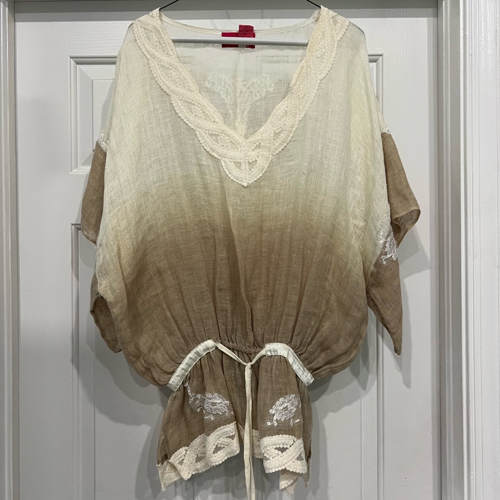 Vanita Rosa Cream and Brown Ombre Linen top with embroidery